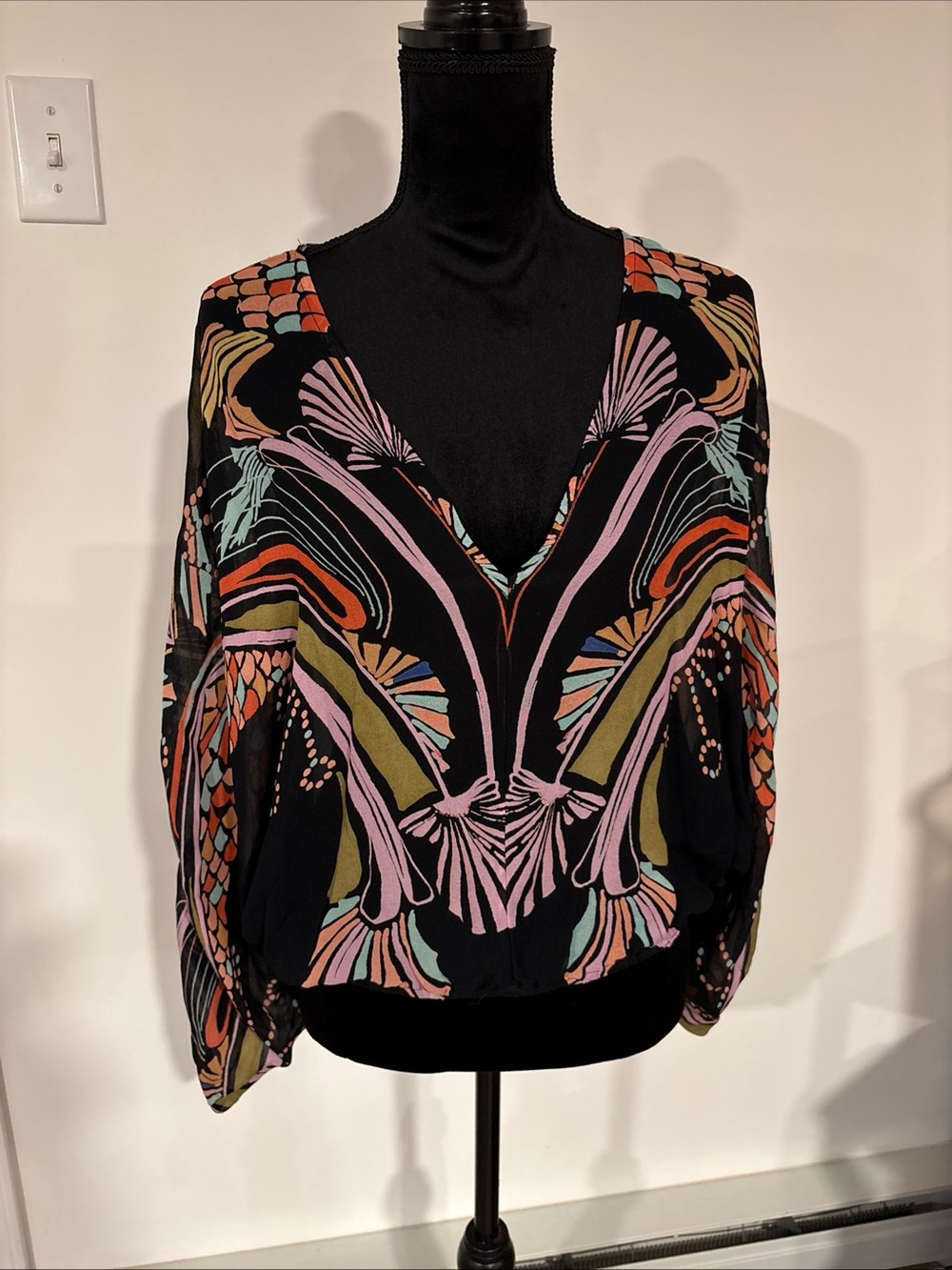 Free People Black V-Neck Sheer Multicolor Abstract Print Blouse size XS